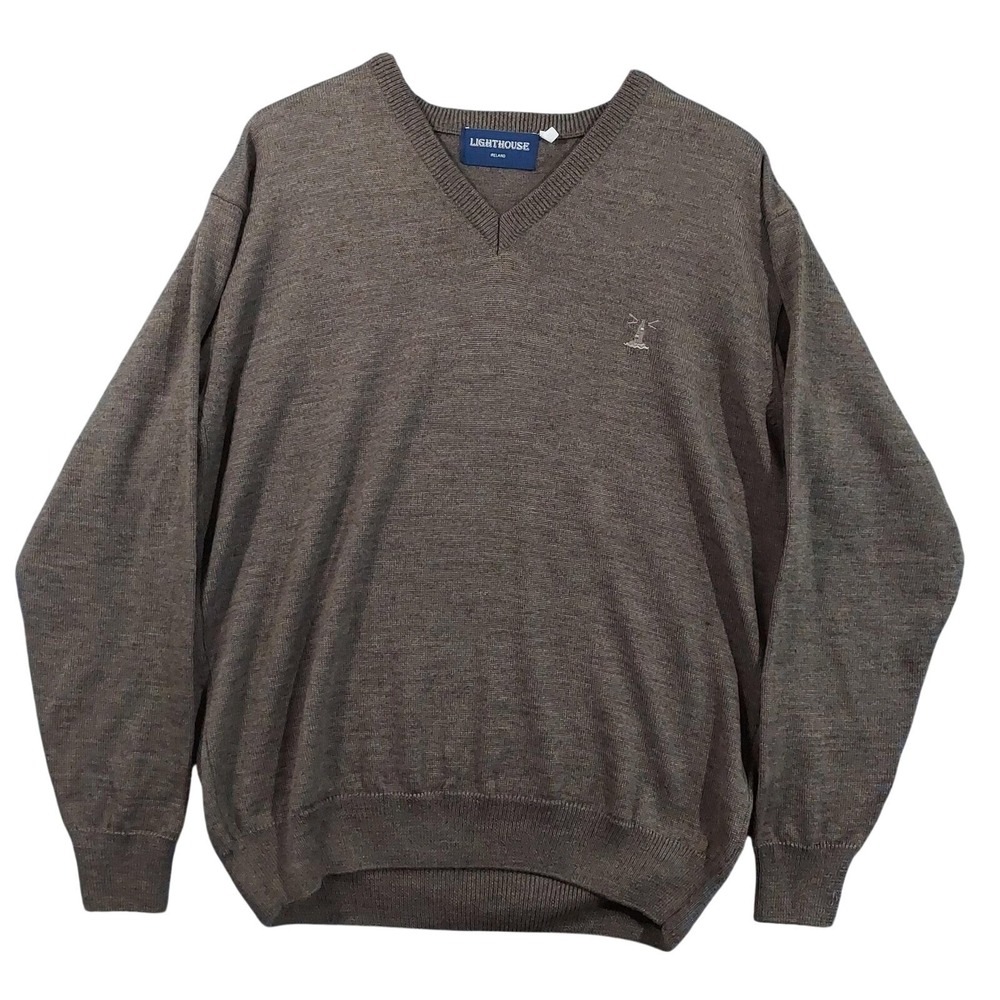 Lighthouse Sweater Mens XL Brown Merino Wool Acrylic V Neck Knit Made In Ireland